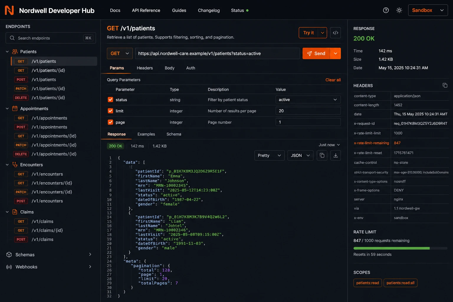 Screenshot-style mockup of a dark-mode API console with endpoints, request URL, and JSON response for a fictitious healthcare platform