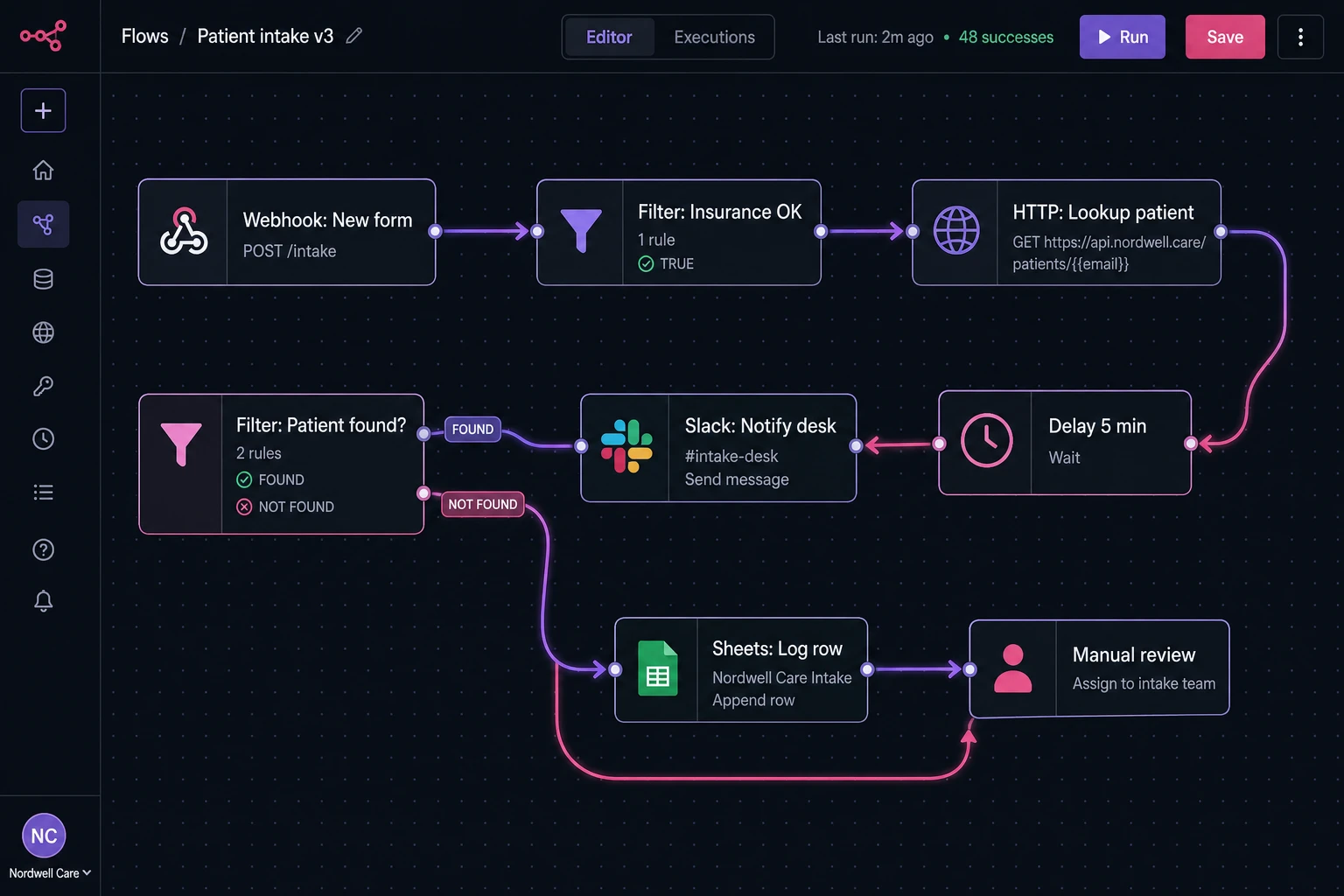 Screenshot-style mockup of a dark-mode workflow automation canvas with connected nodes for a fictitious patient-intake flow