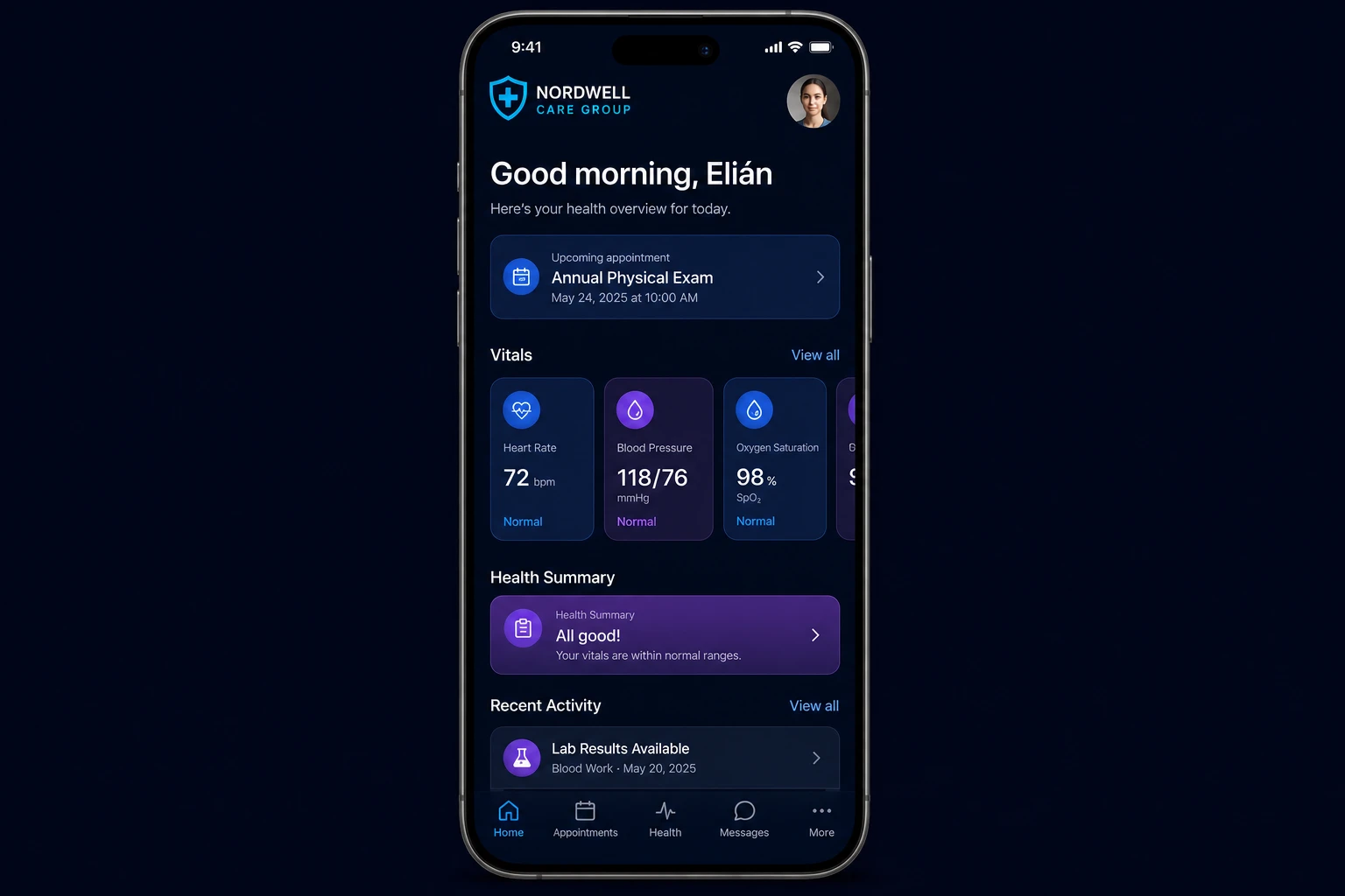 Screenshot-style mockup of a dark-mode patient mobile app for a fictitious clinic, with visits, medications, and tab navigation